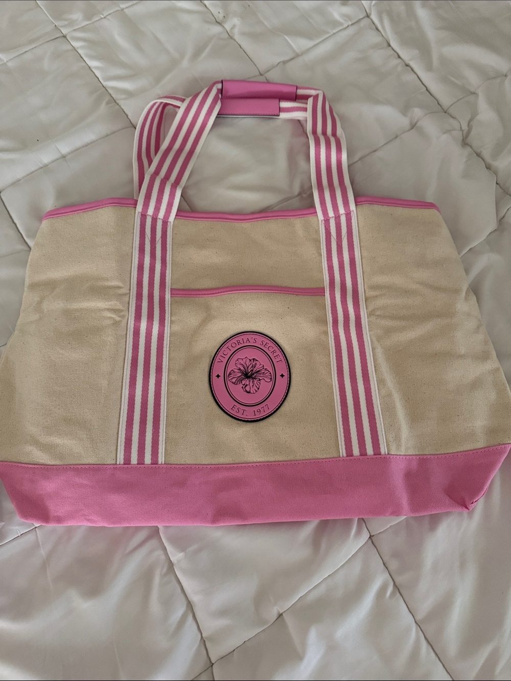 Victoria's Secret Cream and Pink Canvas Tote NEW